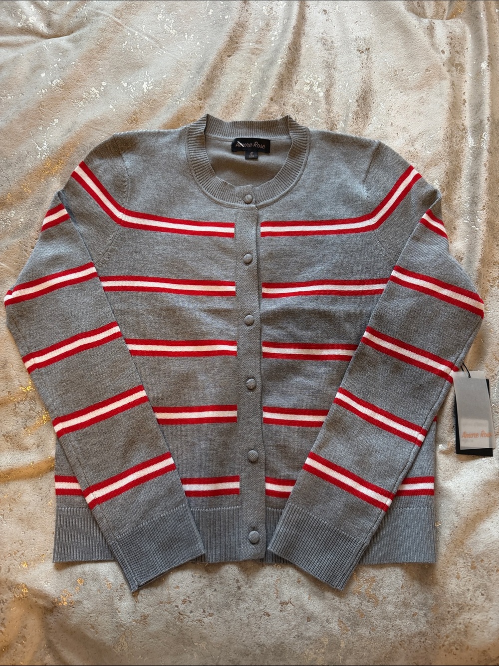 Anne Klein Gray Cardigan with Red and White Stripe Detail